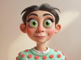 A Surprised Character Featuring Distinctive Green Eyes and a Fun Polka Dot Sweater Design. photo