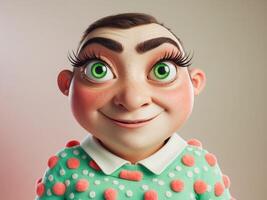 A Surprised Character Featuring Distinctive Green Eyes and a Fun Polka Dot Sweater Design photo