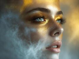 Curious Gaze Warm and Cool Tones Blend Intrigue and Doubt on Shadowed Face photo