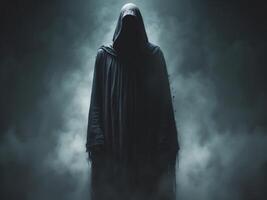 An Enigmatic and Mysterious Figure Cloaked Deeply in Obscuring Shadows and Darkness. photo