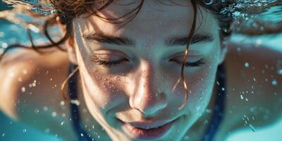Close up of a young swimmer s face breaking the surface of the water after diving underwater showcasing a serene and contemplative expression on their face photo