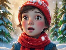 A character with a surprised expression set in a vibrant winter landscape filled with snow photo