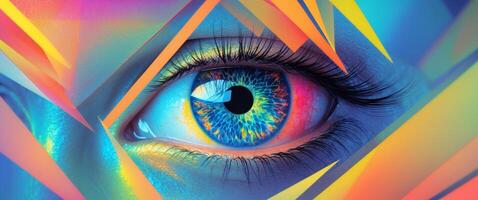 Intricate geometric artwork showcasing an eye with vibrant colors and sharp angles portraying depth and emotion. photo