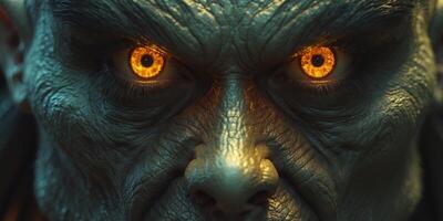 Glowing Amber Eye Close up of a Dark Creature s Intense Gaze Fantasy Monster. photo