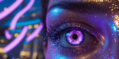 Eye illuminated by vibrant colors reflecting from a modern light display during a creative art event in the evening photo