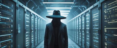 Mysterious Figure with Hat in Data Center Illuminated by Blue Light. photo