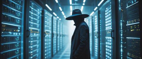 Mysterious Figure with Hat in Data Center Illuminated by Blue Light photo
