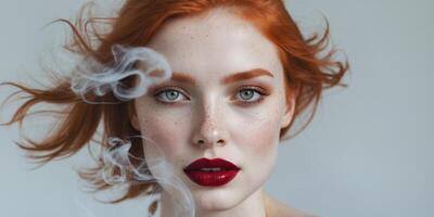 Redhead model with freckles posing in studio with smoke around her face. photo