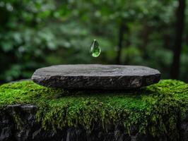A water droplet hovers above a stone platform covered in moss in a lush forest photo