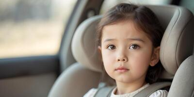 Young girl sitting in a car seat looking thoughtfully towards camera photo