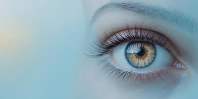 Close Up Hazel Eye With Long Dark Eyelashes Soft Light Blue Background. photo