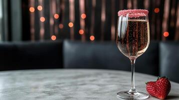 Elegant glass of sparkling wine with a strawberry garnish photo
