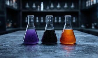Three beakers filled with colorful liquids on a table in a laboratory photo