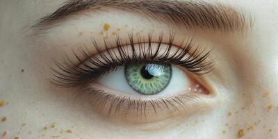 Close up of captivating green eye with long eyelashes and freckles showing serenity photo