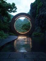 A tranquil scene of a circular portal reflecting in a serene pond surrounded by lush greenery photo