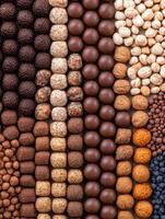 Rows of assorted chocolates and nuts photo