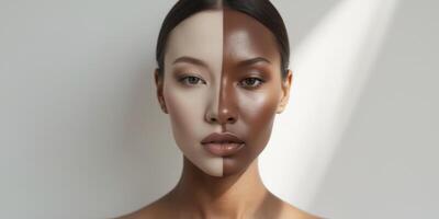 Profile of a model showcasing various foundation shades for perfect skin tone matching. photo