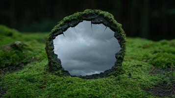 Mossy log with a view of a cloudy sky photo