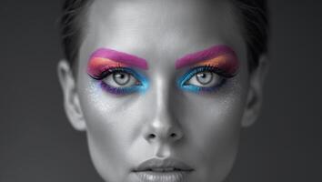 Intense eyes with colorful makeup staring into the unknown photo