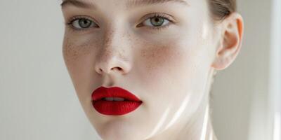 Beautiful model showing red lipstick and freckles on her face. photo