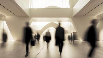 Blurred figures in a modern art center lobby photo