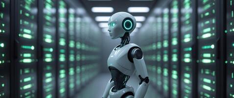 A robot standing in front of rows of servers photo
