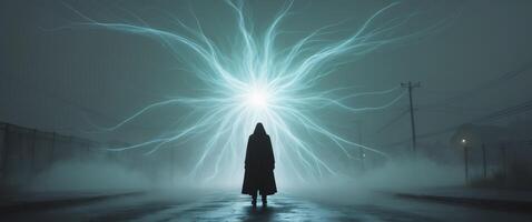 A person standing in the middle of a dark road with a light coming from the sky photo