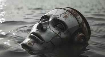 A robot head floating in water with a reflection photo