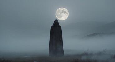 A person in a cloak standing in front of a full moon photo