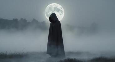 A person in a cloak standing in front of a full moon photo