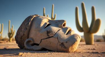 A stone head in the desert with cactus plants photo