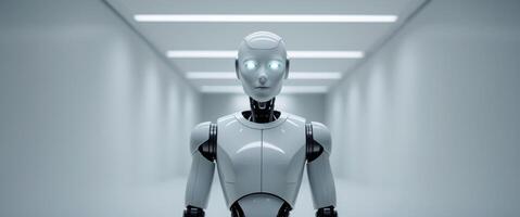 A robot standing in a hallway with a light behind it photo