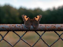 A butterfly resting on a rusty fence in a natural setting photo