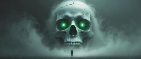 Gigantic ghostly skull with glowing green eyes looming over a desolate figure in thick mist. photo