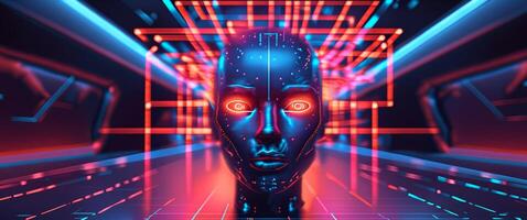 Digital avatar illuminated by neon red and blue network designs in a futuristic background photo