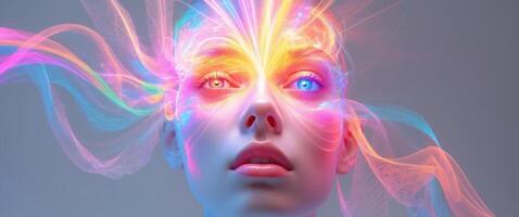 Dynamic abstract digital art of a face with swirling colors and neon light effects photo