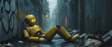 Yellow distressed robot with sad expression in a wet urban alleyway. photo