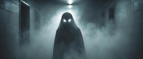 Ghostly figure with glowing eye emerging from a misty hallway in a dark atmospheric setting. photo