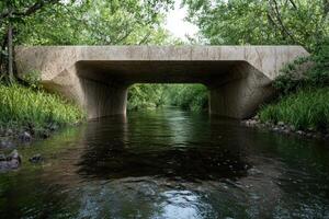 Concrete bridge over a river surrounded by lush greenery photo