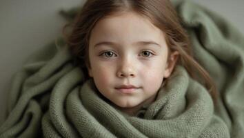 Young girl with freckles wrapped in a soft green sweater. photo