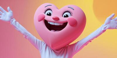 Happy cartoon heart character celebrating with joyful expression and cheerful pose on bright yellow background. photo
