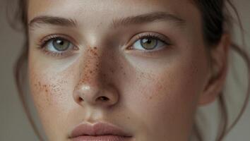 Close up of a freckled face with acne and blemishes. photo