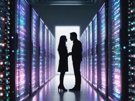 Silhouetted Couple in a Server Room - Conversation Amidst Glowing Lights of Modern IT Infrastructure. photo