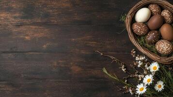 Easter eggs in a basket with flowers on a wooden surface photo