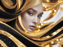 Abstract backdrop with swirling gold and black glittery lights focus on subject instead photo