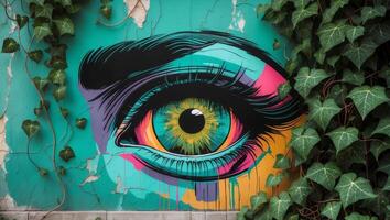 A colorful eye painted on a wall with vines growing around it photo