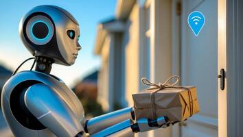 Robot delivers package at a residential door with a location marker in broad daylight photo