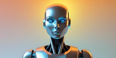 A robot with blue eyes stands in front of a colorful background photo