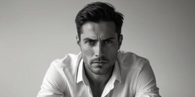 A man in a white shirt looking at the camera photo