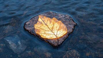 Illuminated leaf resting on a rock in water photo